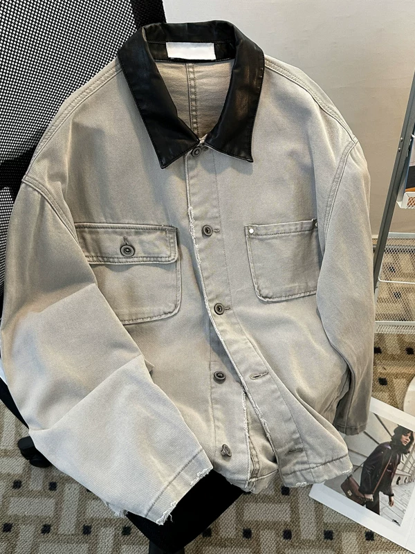 Áo khoác da PU kiểu Mỹ phối chất liệu, áo khoác denim nam mùa xuân thu, kiểu dáng rộng rãi, hợp thời trang, thiết kế cổ điển.