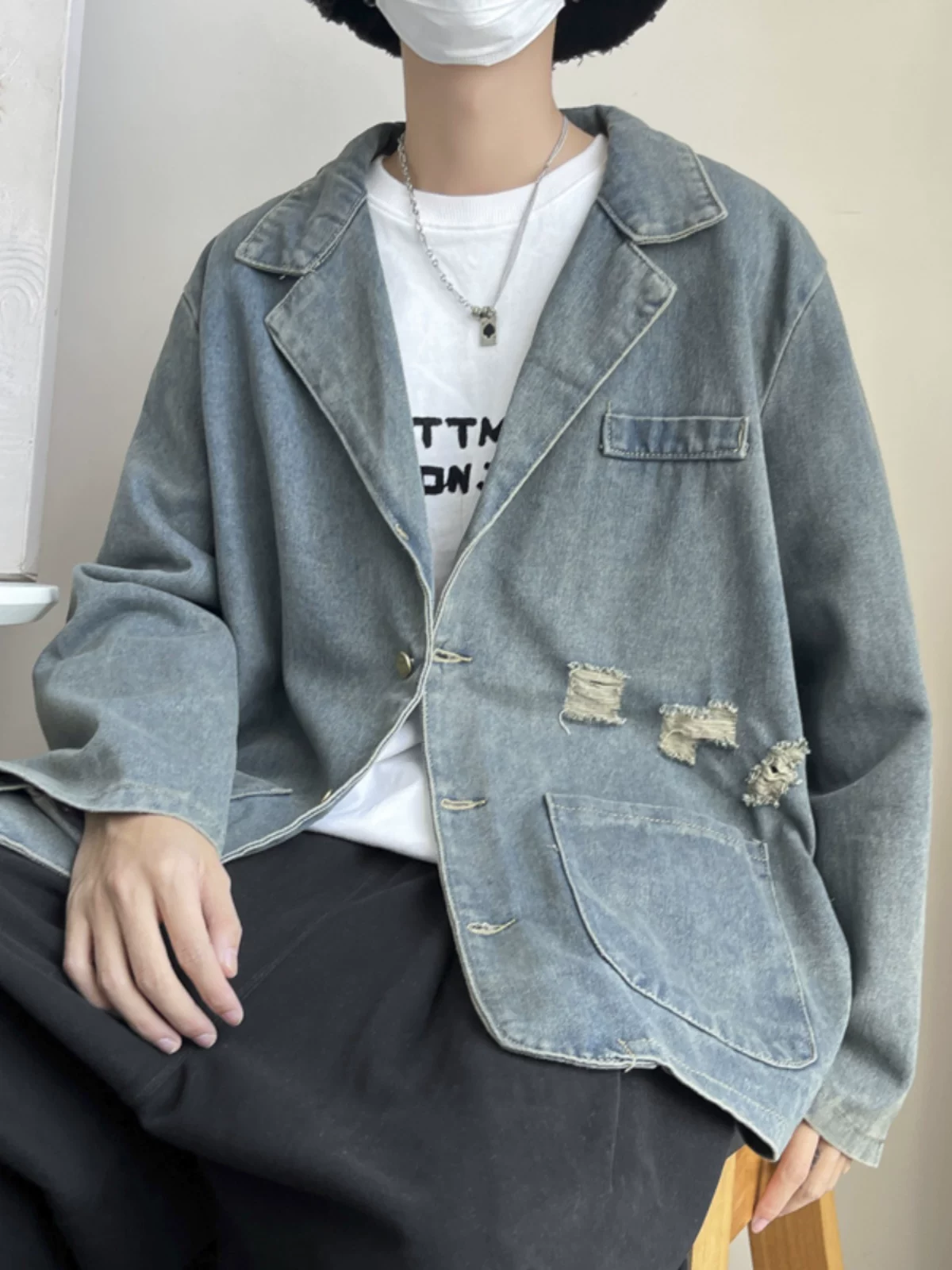 Áo khoác denim cổ áo kiểu suit, áo khoác thời trang xuân thu, áo khoác nam rộng rãi phong cách Mỹ cổ điển.