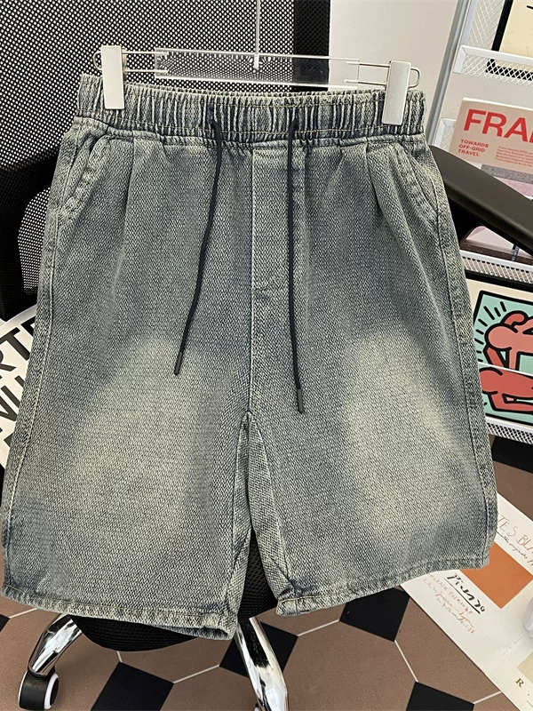 Quần short denim họa tiết bầu trời đầy sao dành cho nam, quần short mùa hè phong cách Mỹ thời thượng, quần short ống rộng lưng thun co giãn năm phần.