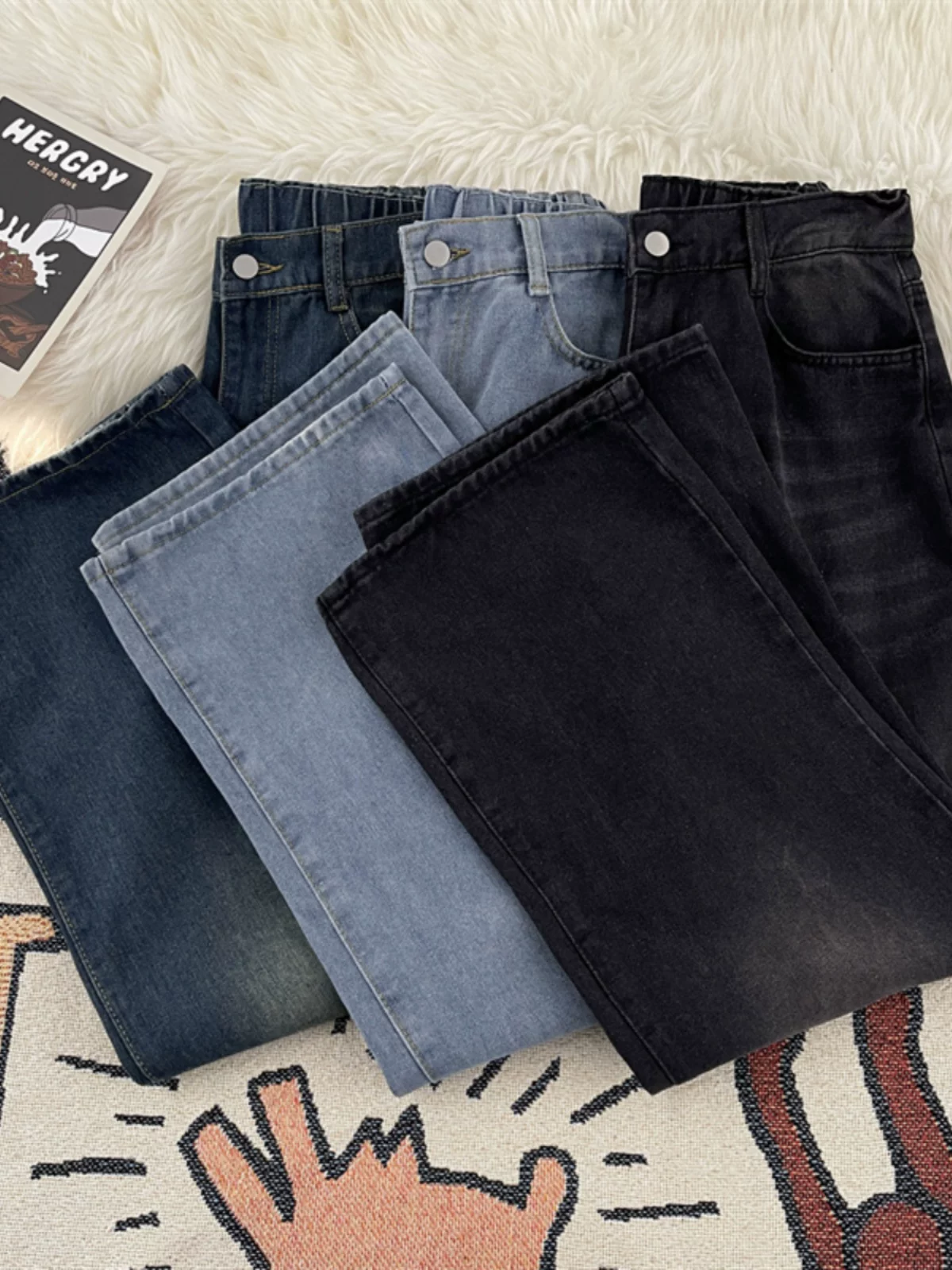 Quần jean nam bán co giãn dành cho mùa xuân thu, quần dài kiểu Mỹ vintage, quần dài ống rộng dáng rộng thời trang đa năng.