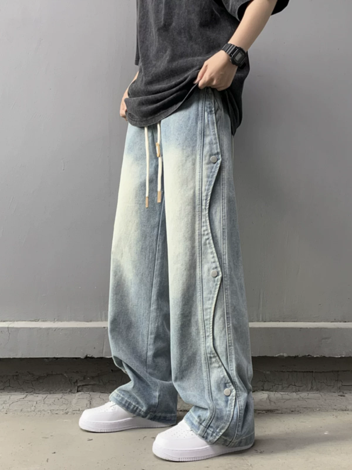 Quần jean nam phối vải chắp vá, quần phong cách hip-hop Mỹ mùa hè, thương hiệu thời thượng, quần ống rộng dài chạm đất, kiểu dáng thoải mái.