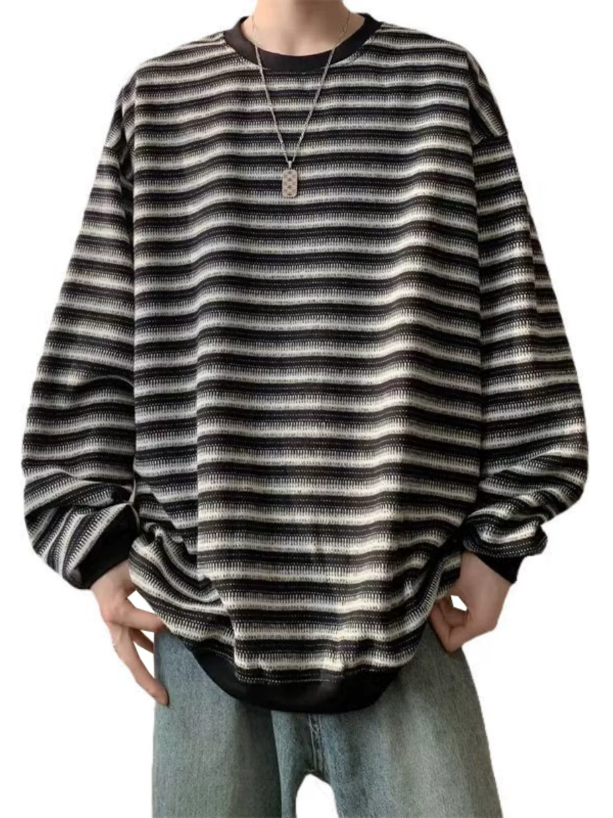 Áo nỉ cổ tròn kẻ sọc dày dặn dành cho nam, áo thun cơ bản kiểu Mỹ mùa thu, áo thun dài tay dáng rộng hợp thời trang dành cho cặp đôi.