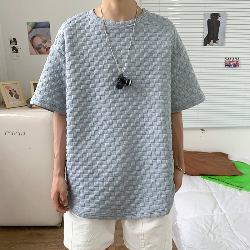 Áo thun Waffle nam tay ngắn mùa hè phong cách Hồng Kông áo thun dáng rộng phong cách Hàn Quốc hợp thời trang áo thun tay lửng đa năng
