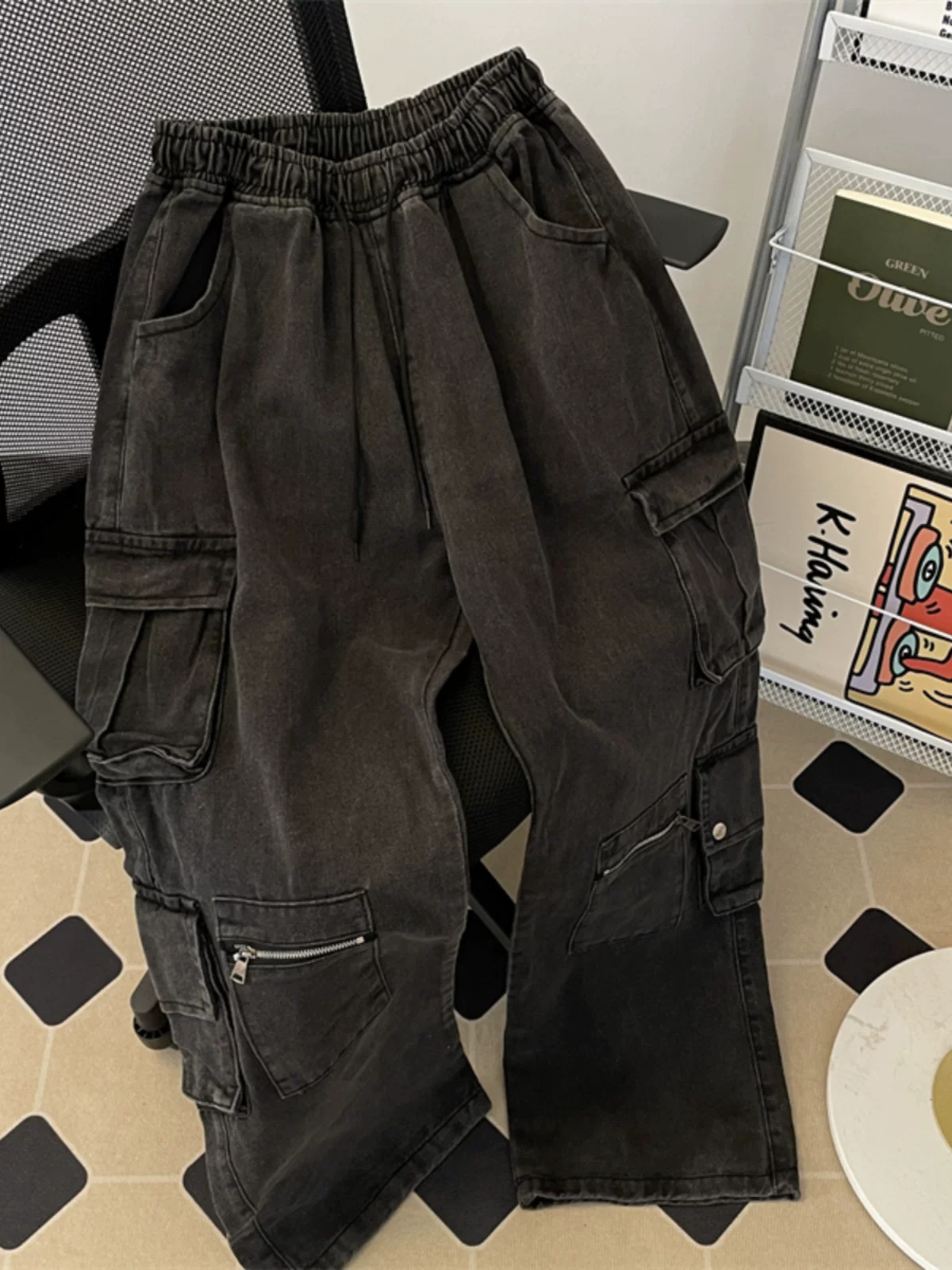 Quần jean nam nhiều túi đa năng, phong cách Mỹ mùa thu đông, quần công sở thời thượng, quần dài ống rộng thoải mái.