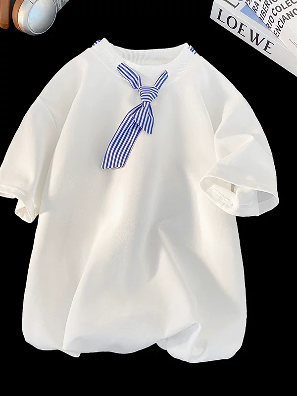 Áo thun ngắn tay sọc kiểu Nhật dành cho nam, áo thun cổ tròn dáng rộng hợp thời trang mùa hè kiểu Mỹ.