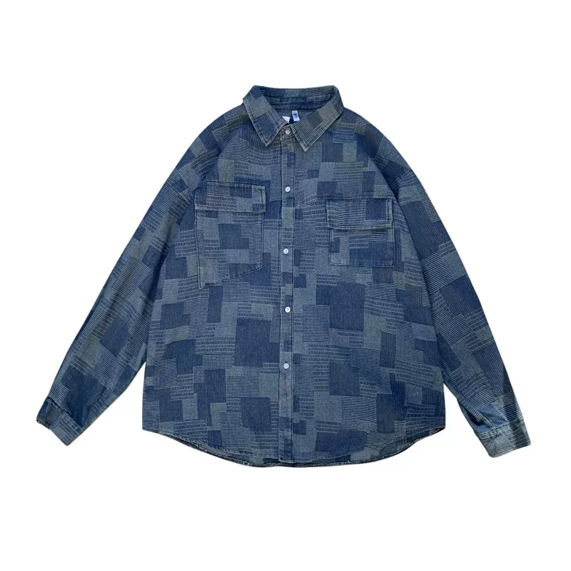 Áo sơ mi denim retro hợp thời trang, áo sơ mi dài tay đa năng, phong cách Hồng Kông, áo khoác công sở phong cách Hàn Quốc mùa hè dành cho nam