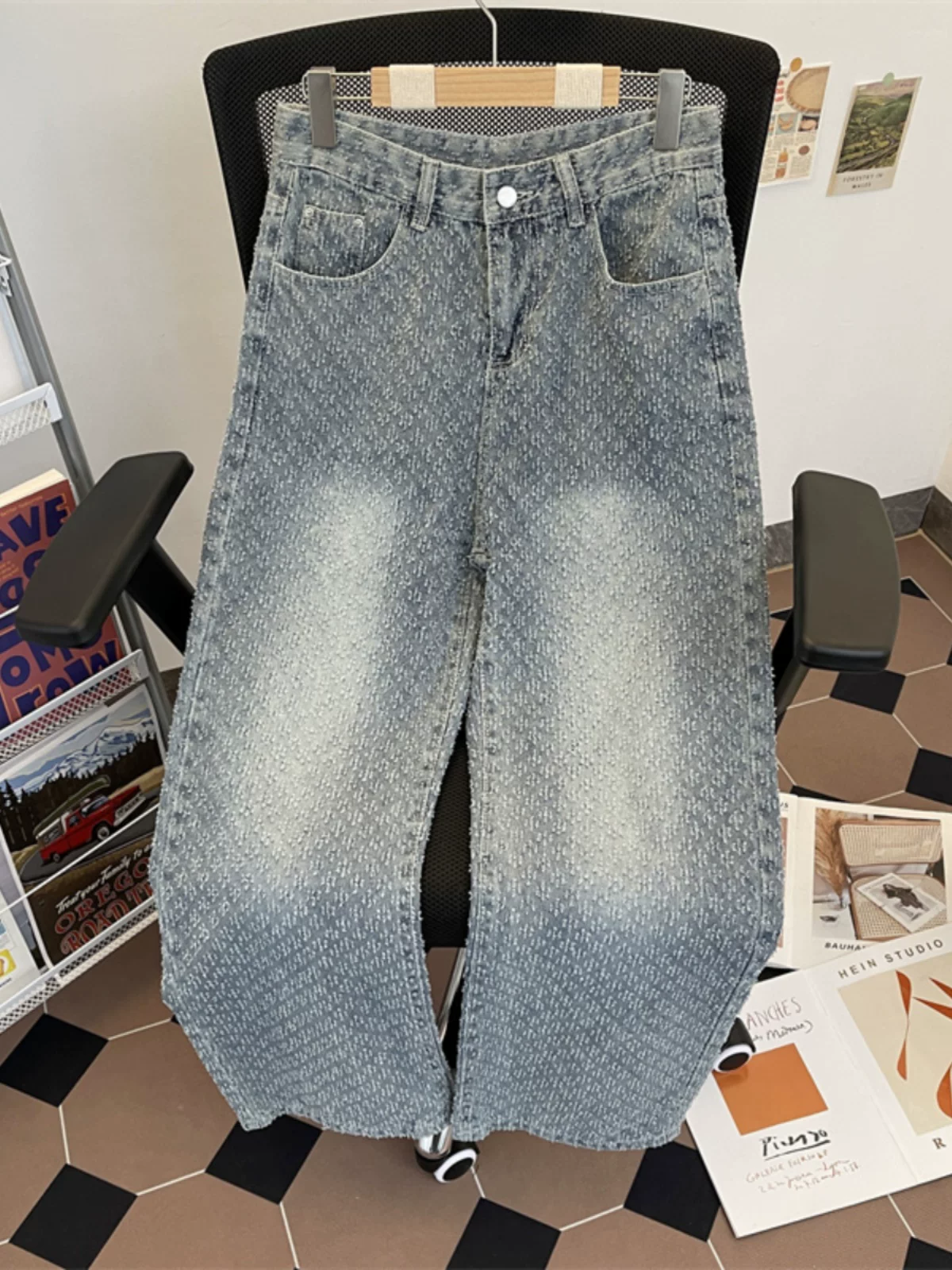 Quần jeans jacquard dày dặn dành cho nam, quần kiểu Mỹ cổ điển hợp thời trang, quần dài ống đứng rộng rãi thoáng mát mùa hè.