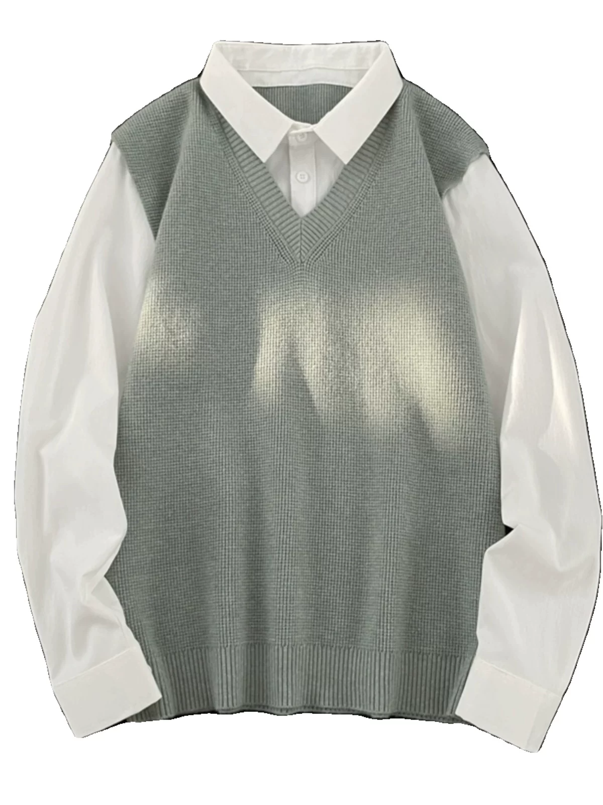 Áo sơ mi giả hai mảnh kiểu Nhật dành cho nam, áo len dệt kim thời trang xuân thu, áo sơ mi dáng rộng phong cách Mỹ.