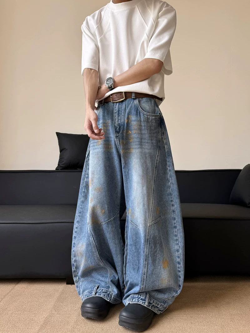 Quần jeans kiểu dáng dirty dye cao cấp dành cho nam và nữ, quần ống rộng kiểu Mỹ bền chắc, quần dài chạm đất phong cách retro thời thượng.