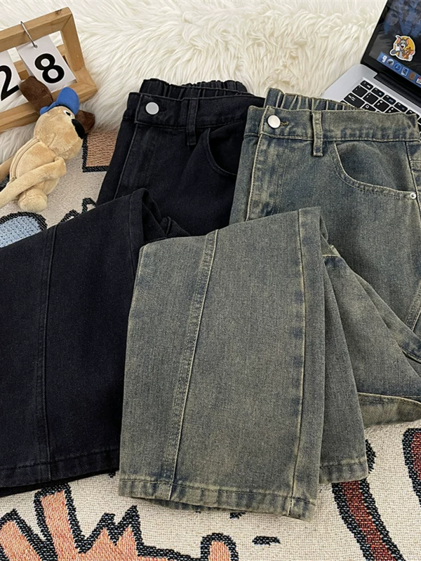Quần jean nam túi lớn, phong cách retro Mỹ, thương hiệu thời thượng, quần ống rộng dáng suông, phong cách đường phố cá tính, quần dài hơi loe.