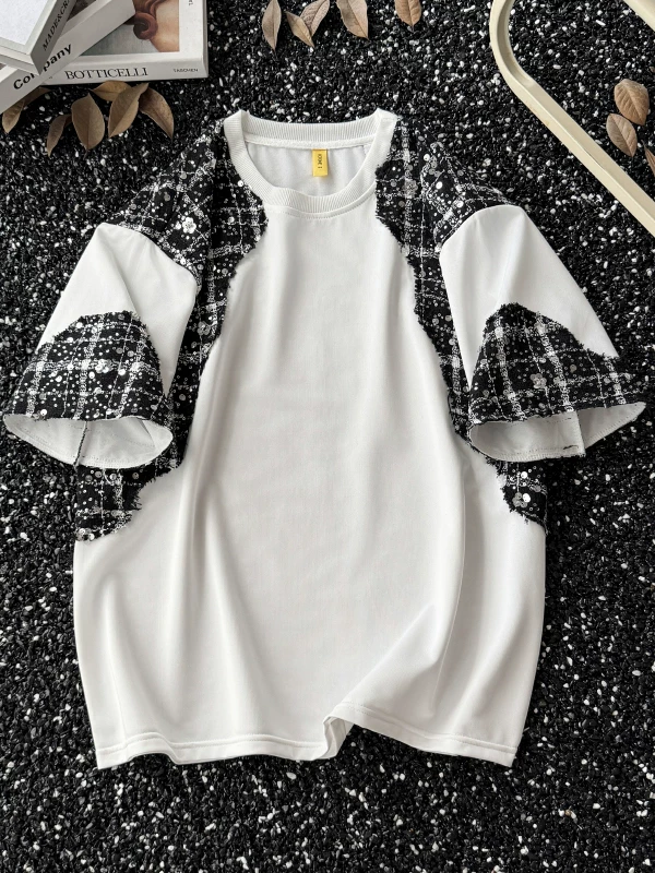 Áo thun ngắn tay kiểu chắp vá phong cách Chanel dành cho nam, thiết kế rộng rãi mùa hè, áo thun nửa tay, mát mẻ và sành điệu, áo cổ tròn giả hai mảnh.