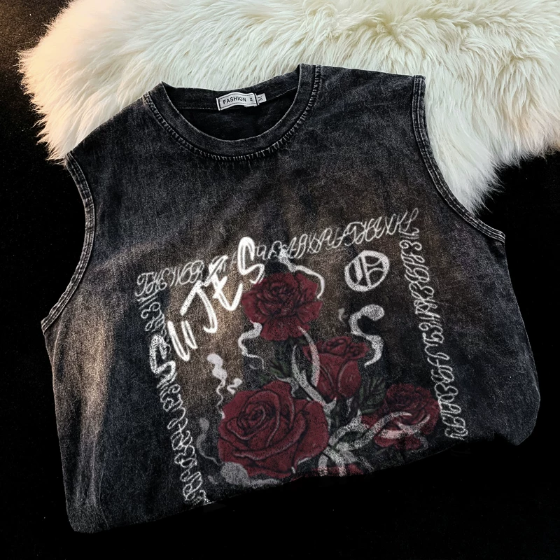 Áo vest kiểu cổ điển đã qua giặt cho nam, in họa tiết high street, dáng rộng, áo khoác ngoài, trang phục dạo phố mùa hè kiểu Mỹ, áo thun không tay sành điệu và cá tính.