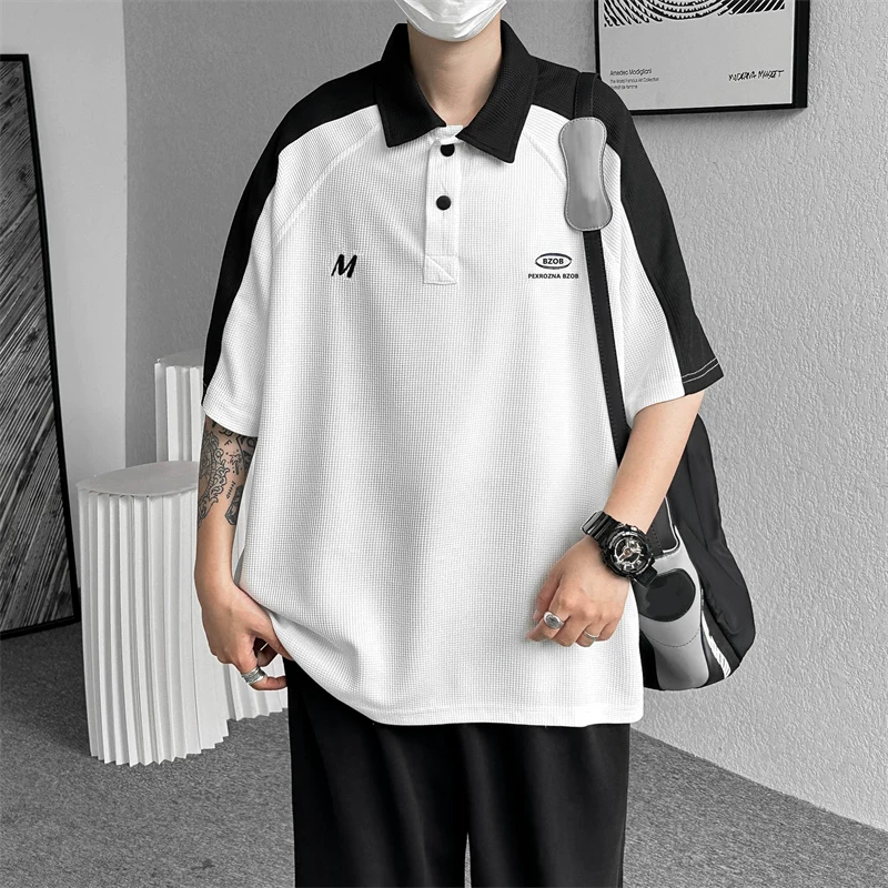 Áo polo waffle chất liệu dày dặn dành cho nam, áo thun tay ngắn phối màu thời trang phong cách Mỹ mùa hè, áo kiểu dáng rộng rãi đa năng tay lửng.