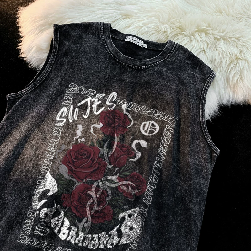 Áo vest kiểu cổ điển đã qua giặt cho nam, in họa tiết high street, dáng rộng, áo khoác ngoài, trang phục dạo phố mùa hè kiểu Mỹ, áo thun không tay sành điệu và cá tính.