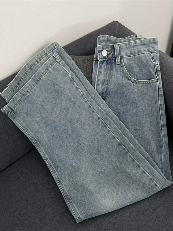 Quần jeans xanh retro mùa hè kiểu Mỹ, dáng rộng ống thẳng, thời trang đa năng, quần casual nam