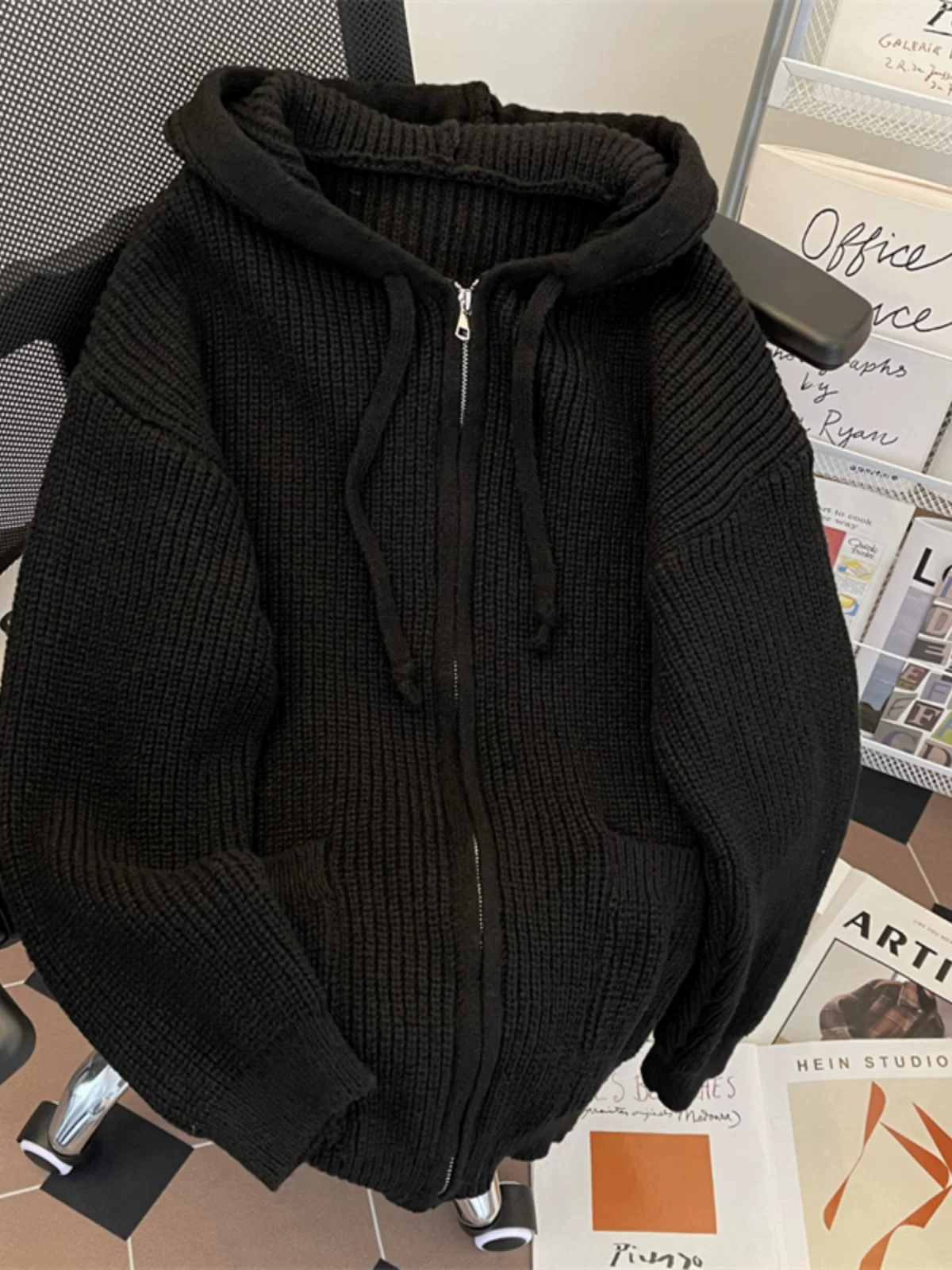 Áo khoác cardigan có mũ dành cho nam, kiểu mới thu đông 2024, phong cách Mỹ rộng rãi, thời thượng, kiểu dáng thoải mái, áo đôi.