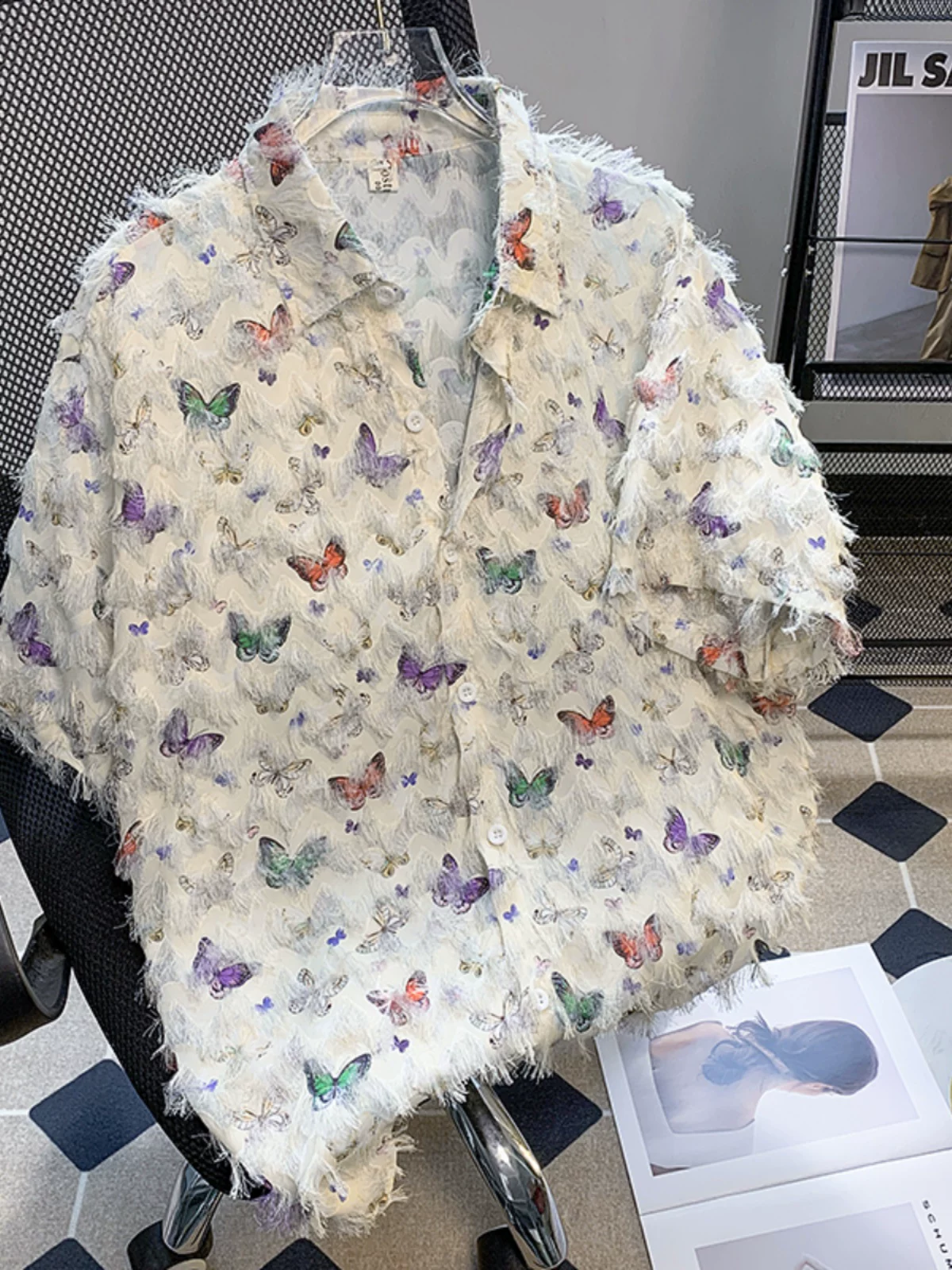 Áo sơ mi thiết kế hình bướm tua rua, áo sơ mi ngắn tay mùa hè nam nữ, áo kiểu dáng rộng rãi hợp thời trang cao cấp hàng hiệu