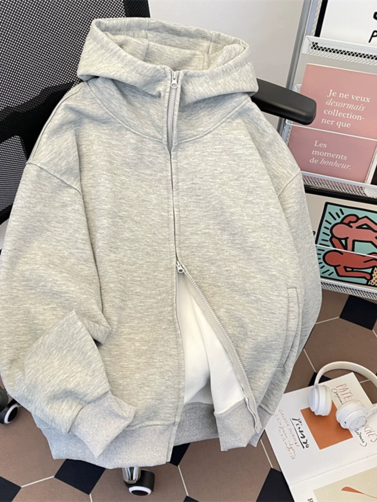 Áo khoác nỉ cổ cao có khóa kéo đôi dành cho nam, áo cardigan lông cừu dày dặn mùa thu đông, áo khoác cặp đôi phong cách Mỹ thời thượng, dáng rộng, có mũ.