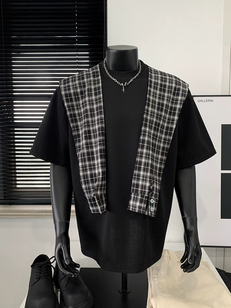 Áo sơ mi kẻ sọc có cổ khăn choàng, áo thun giả hai mảnh lấy cảm hứng từ thiết kế dành cho nam giới, trang phục mùa hè rộng rãi, hợp thời trang, phong cách đường phố sành điệu.