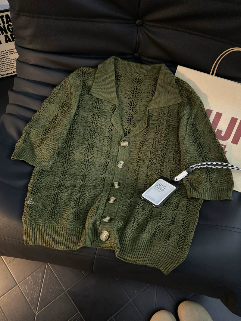 Áo sơ mi dệt kim ngắn tay thoáng khí mùa hè dành cho nam, áo cardigan dáng rộng thương hiệu thời thượng, áo thun nửa tay phong cách Mỹ.