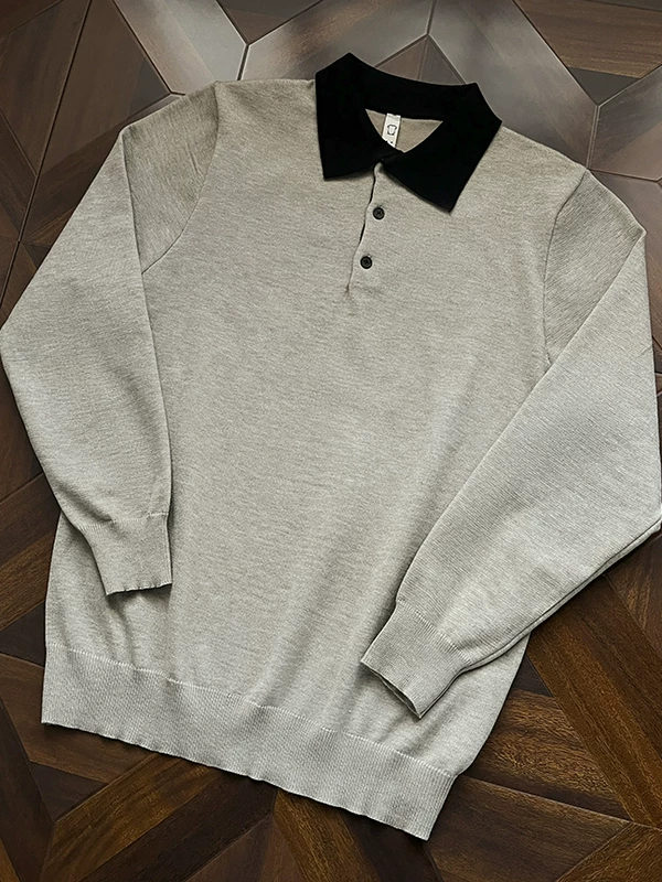 Áo len cổ polo phối màu mùa đông dành cho nam, kiểu dáng Mỹ thời thượng, áo len dệt kim tay dài phong cách cổ điển.