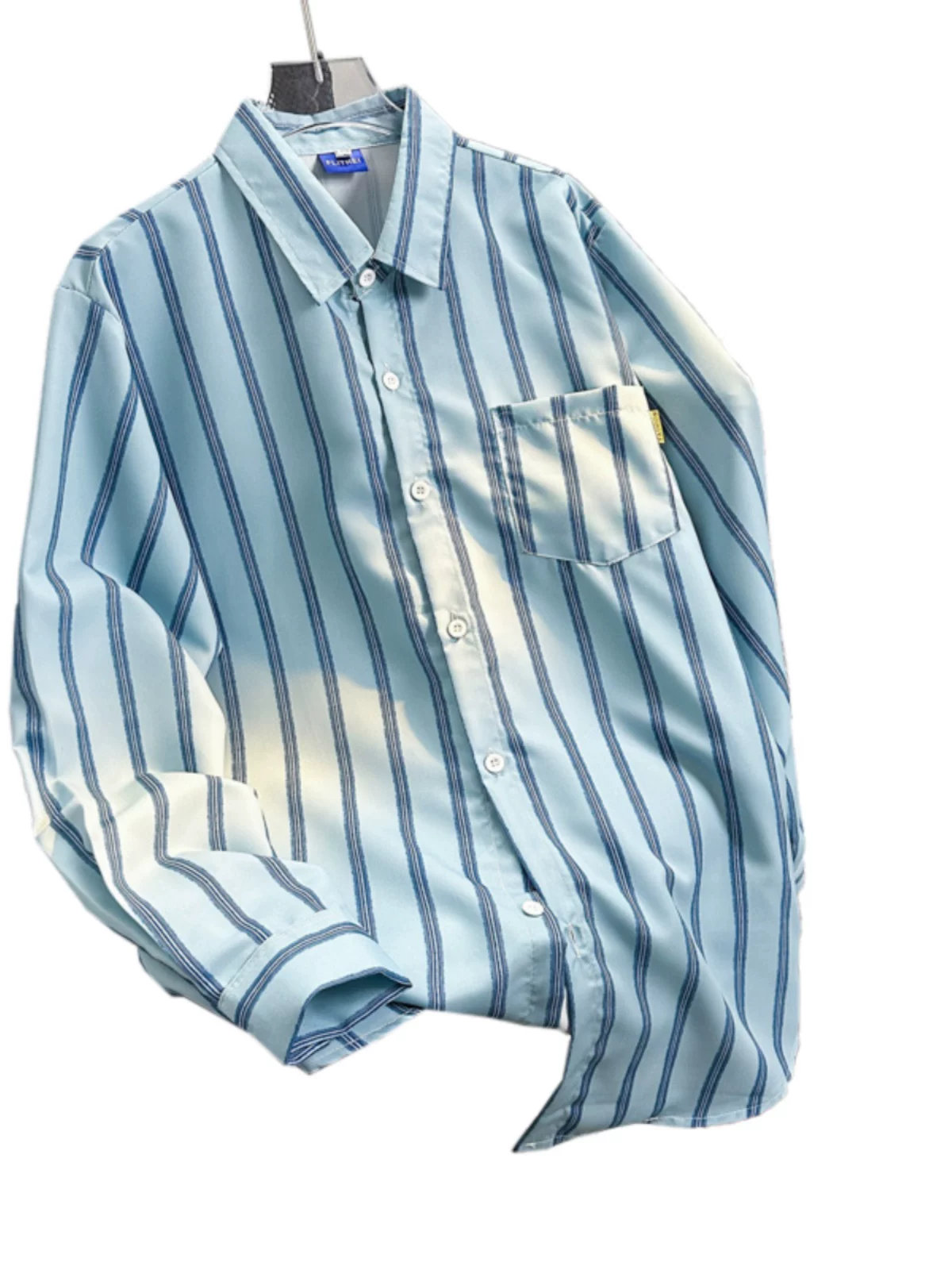 Áo sơ mi nam kẻ sọc phối màu, tay dài, dáng rộng, chất liệu lụa đá mùa hè, kiểu dáng Mỹ, thời trang, áo khoác mỏng nhẹ, phong cách casual.