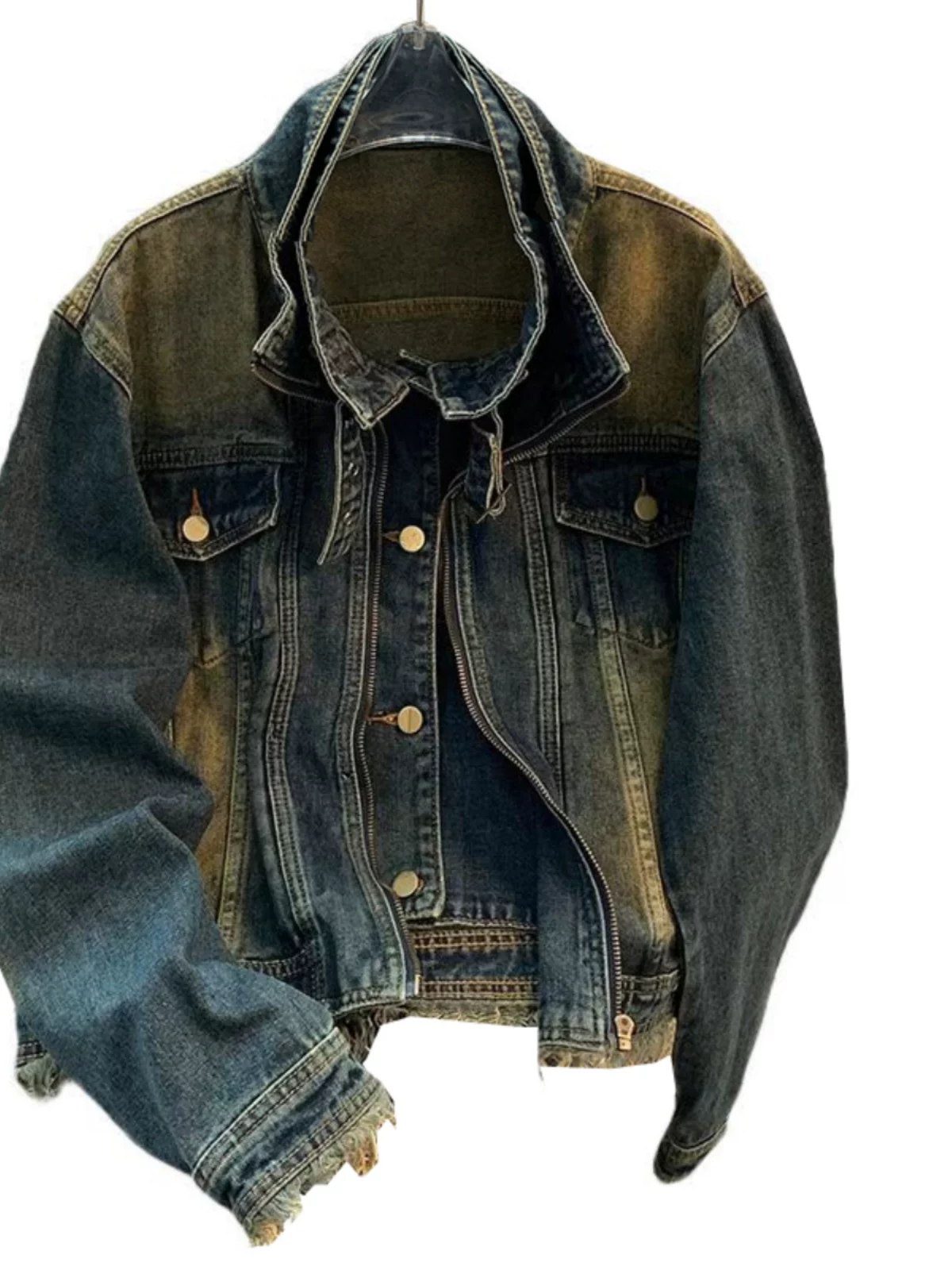 Áo khoác denim giả hai mảnh phong cách Mỹ dành cho nam, dáng rộng, cổ đứng, kiểu dáng cổ điển, áo khoác thường ngày hợp thời trang mùa xuân thu.