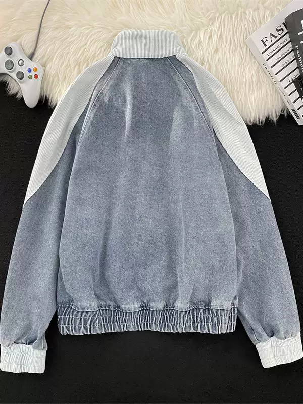 Áo khoác denim thêu phối vải dành cho nam, phong cách đường phố Mỹ cổ điển mùa xuân thu, kiểu dáng rộng rãi cổ đứng, áo khoác thương hiệu thời thượng.