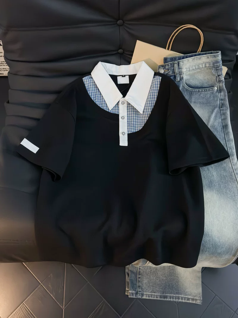 Áo Polo giả hai mảnh tay ngắn dành cho nam, thương hiệu thời trang mùa hè, áo thun tay lửng dáng rộng, áo lót kẻ sọc phong cách Mỹ.