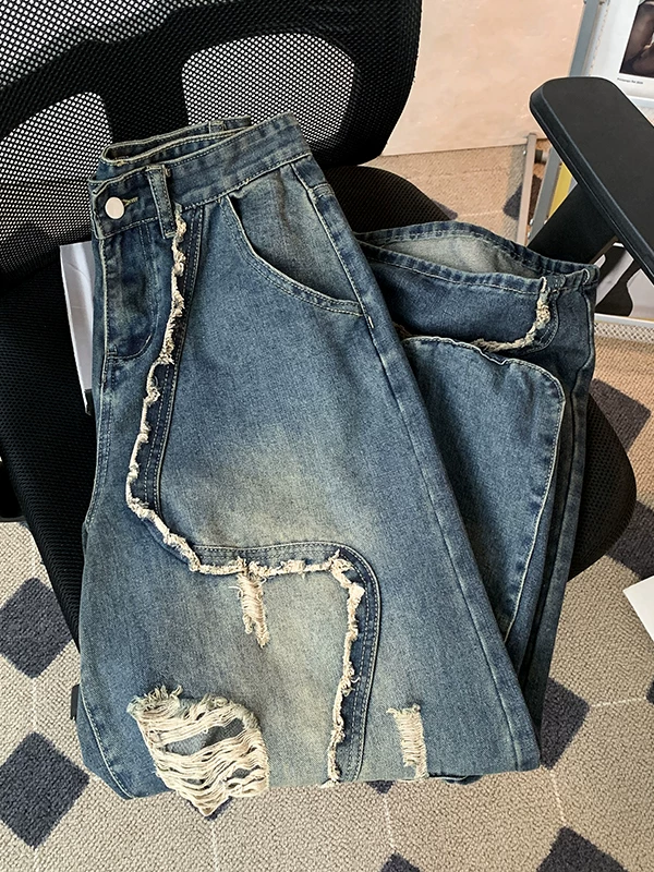 Quần jean rách nam cao cấp, quần công sở thiết kế phá cách phong cách Mỹ mùa hè, quần ống rộng dáng thẳng túi lớn thời thượng.