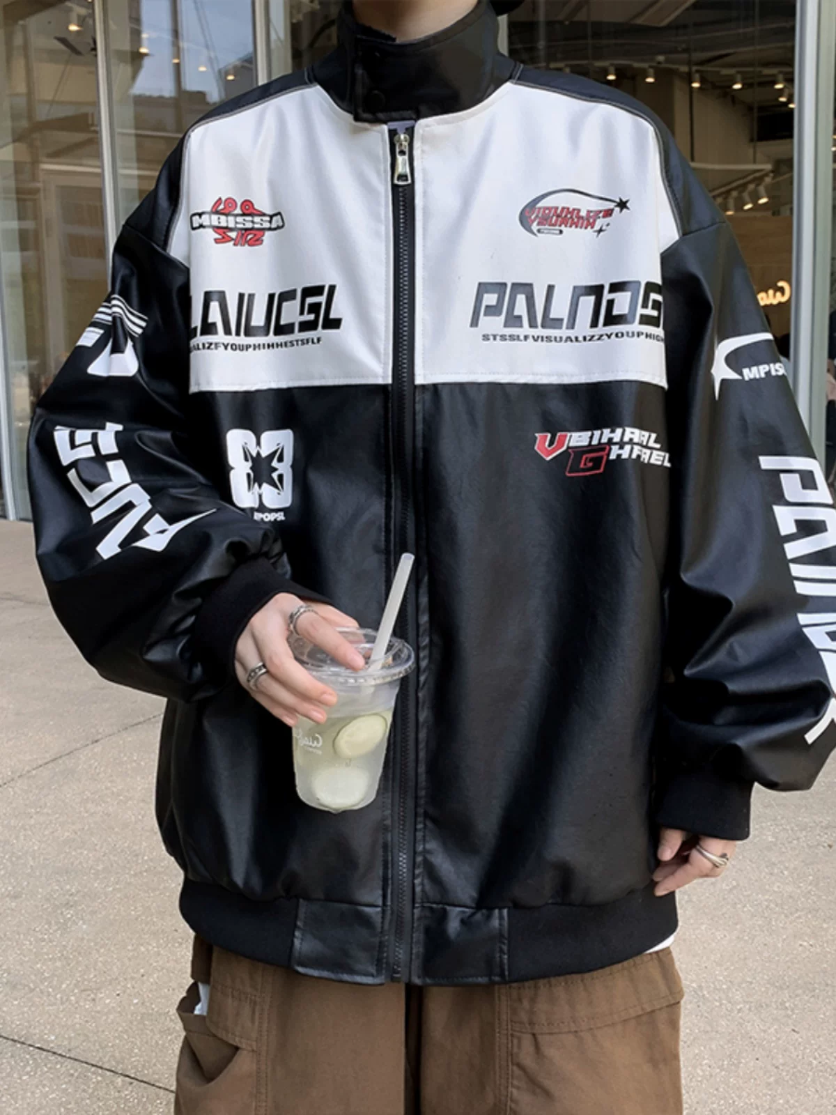 Áo khoác da PU in họa tiết phối màu dành cho nam, áo khoác da kiểu dáng rộng cổ đứng phong cách mùa thu, áo khoác cao cấp thời thượng kiểu Mỹ.