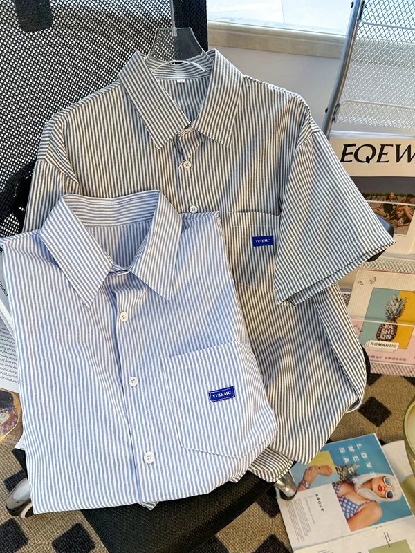 Áo sơ mi ngắn tay sọc mùa hè phong cách Nhật Bản dáng rộng áo sơ mi nam dành cho cặp đôi áo khoác mỏng hợp thời trang đa năng
