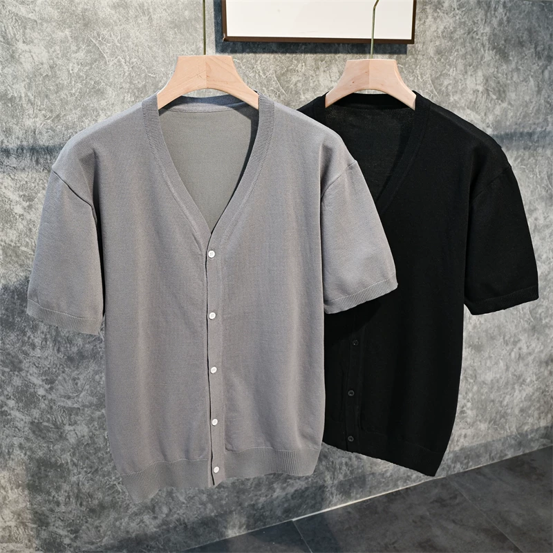 Áo cardigan dệt kim ngắn tay bằng vải lụa băng dành cho nam, áo cardigan đơn giản phong cách Nhật Bản, áo khoác nửa tay mỏng kiểu Hàn Quốc thời thượng mùa hè.