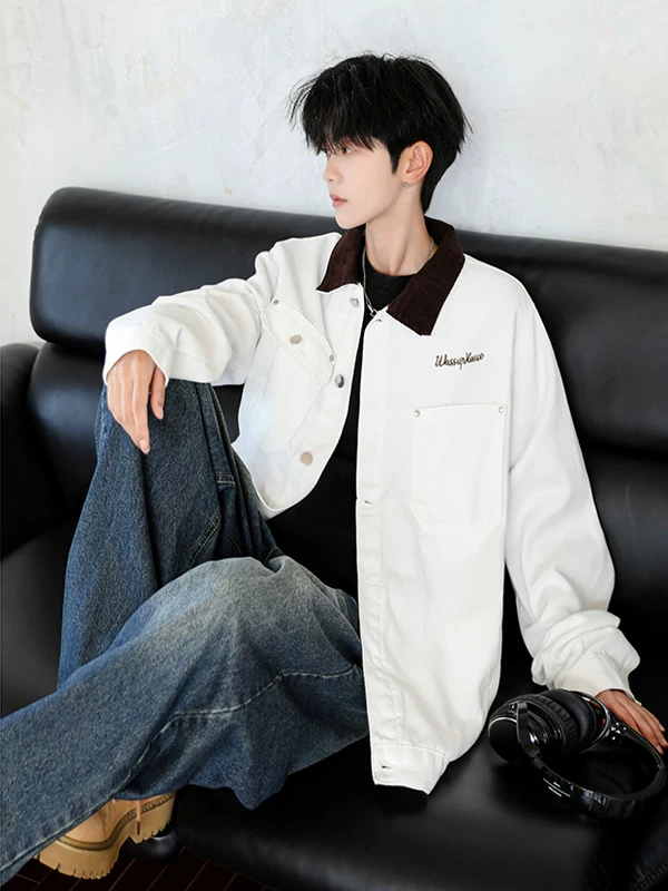 Áo khoác denim chất liệu corduroy dành cho nam, thương hiệu thời trang Mỹ, dáng rộng, áo khoác Detroit giặt mài mùa thu.