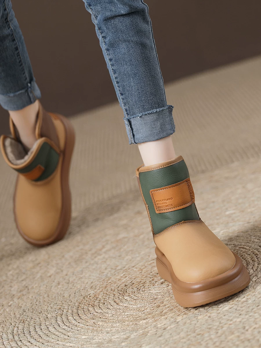 Giày bốt tuyết retro nữ, chất liệu da và lông tích hợp, bốt ngắn dày dặn, mẫu mới 2025, chống thấm nước, chống trơn trượt, lót bông ấm áp.