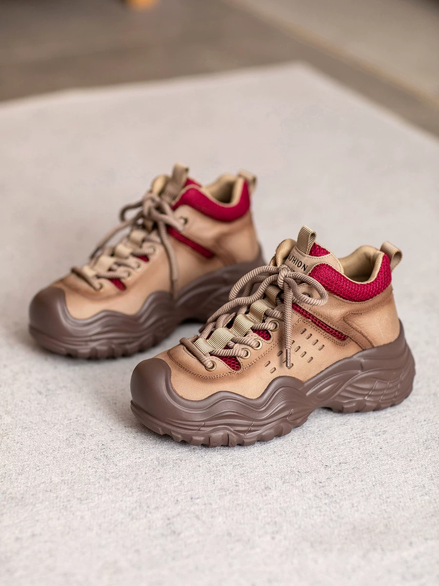 Giày leo núi da thật dành cho nữ, giày thể thao đế dày tăng chiều cao, giày sneaker cao cổ đi bộ ngoài trời mới mùa thu 2025