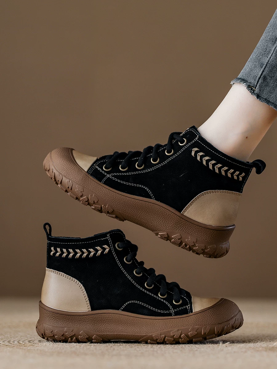 Giày thể thao nữ cổ cao đế dày kiểu mới thu đông 2025, boots da nâu retro, boots cổ ngắn phong cách casual