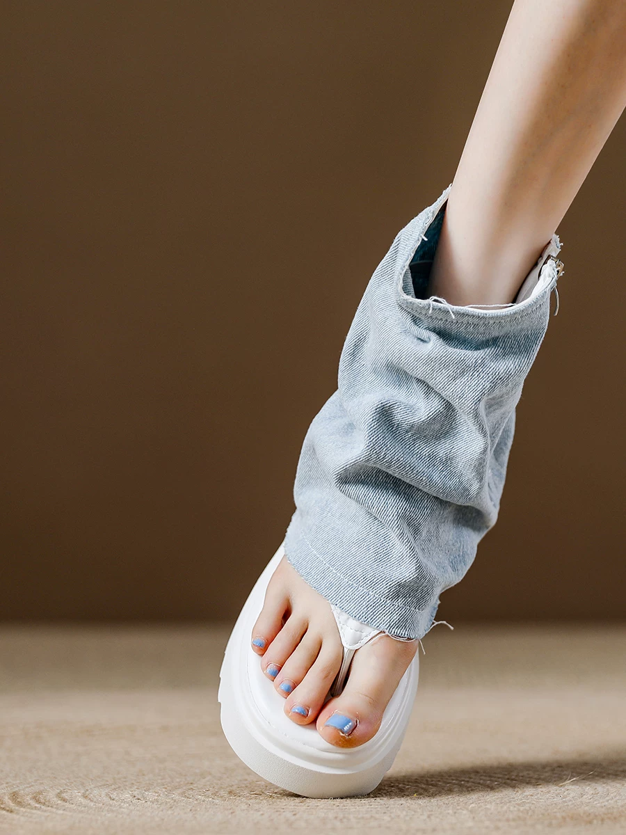 Giày bốt denim nữ có gót dày và đế đúp, dép cao gót kiểu dây quai, kiểu dáng mỏng mùa hè 2026, bốt ngắn xếp lớp, dép tăng chiều cao.