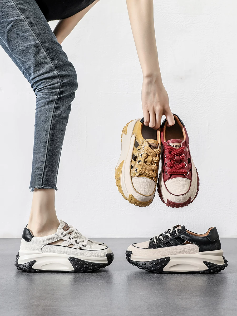 Giày bố đế rỗng dành cho nữ, dép thể thao đế dày tăng chiều cao, giày đế xuồng da thật thoáng khí màu trắng mùa hè 2026 dành cho nữ.