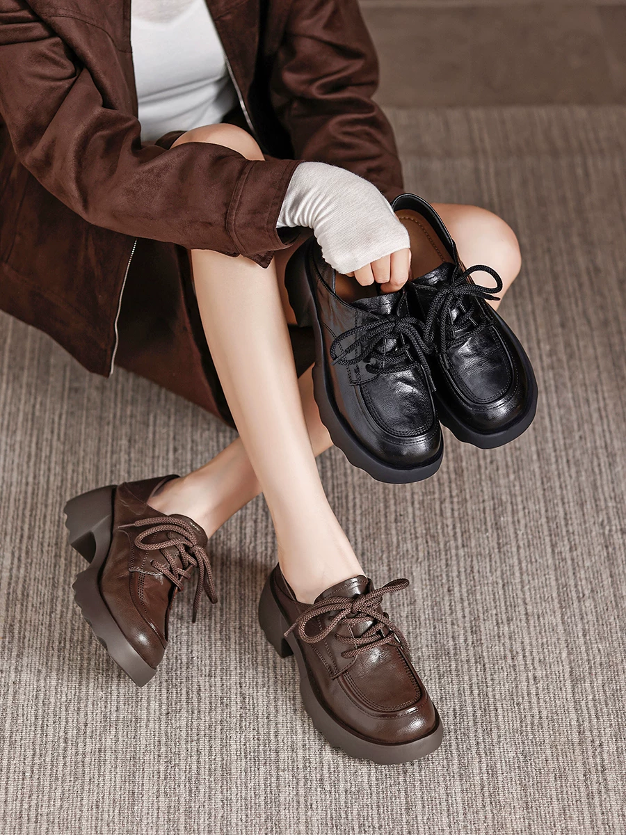 Giày da bò nâu kiểu retro nhỏ gọn dành cho nữ, giày lười đế dày phong cách Anh, giày thường ngày mới mùa thu 2025