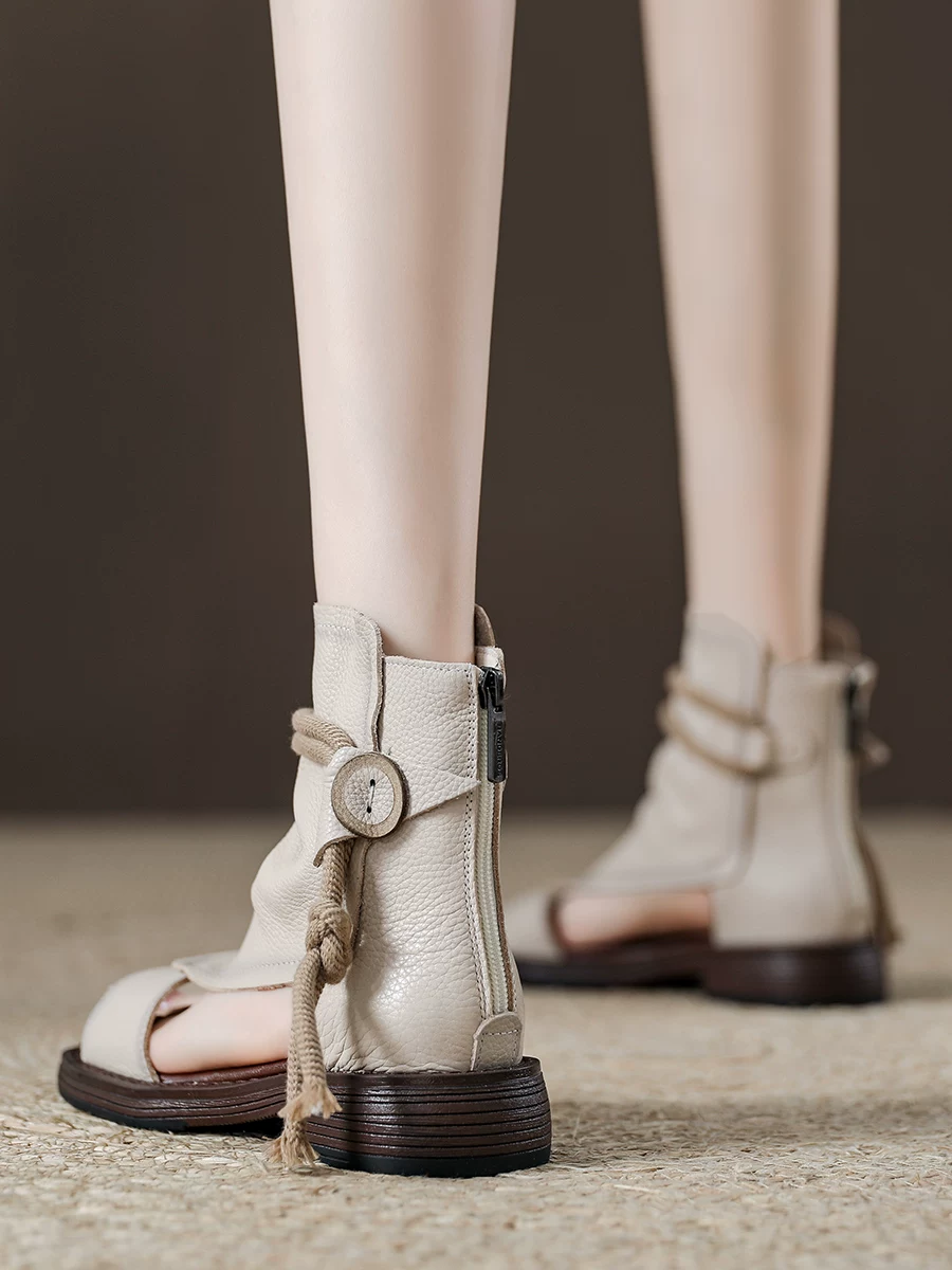 Giày sandal cao cổ da thật kiểu retro dành cho nữ, giày bốt ngắn thoáng khí, kiểu dáng giản dị, sandal hở mũi mới mùa hè 2026.