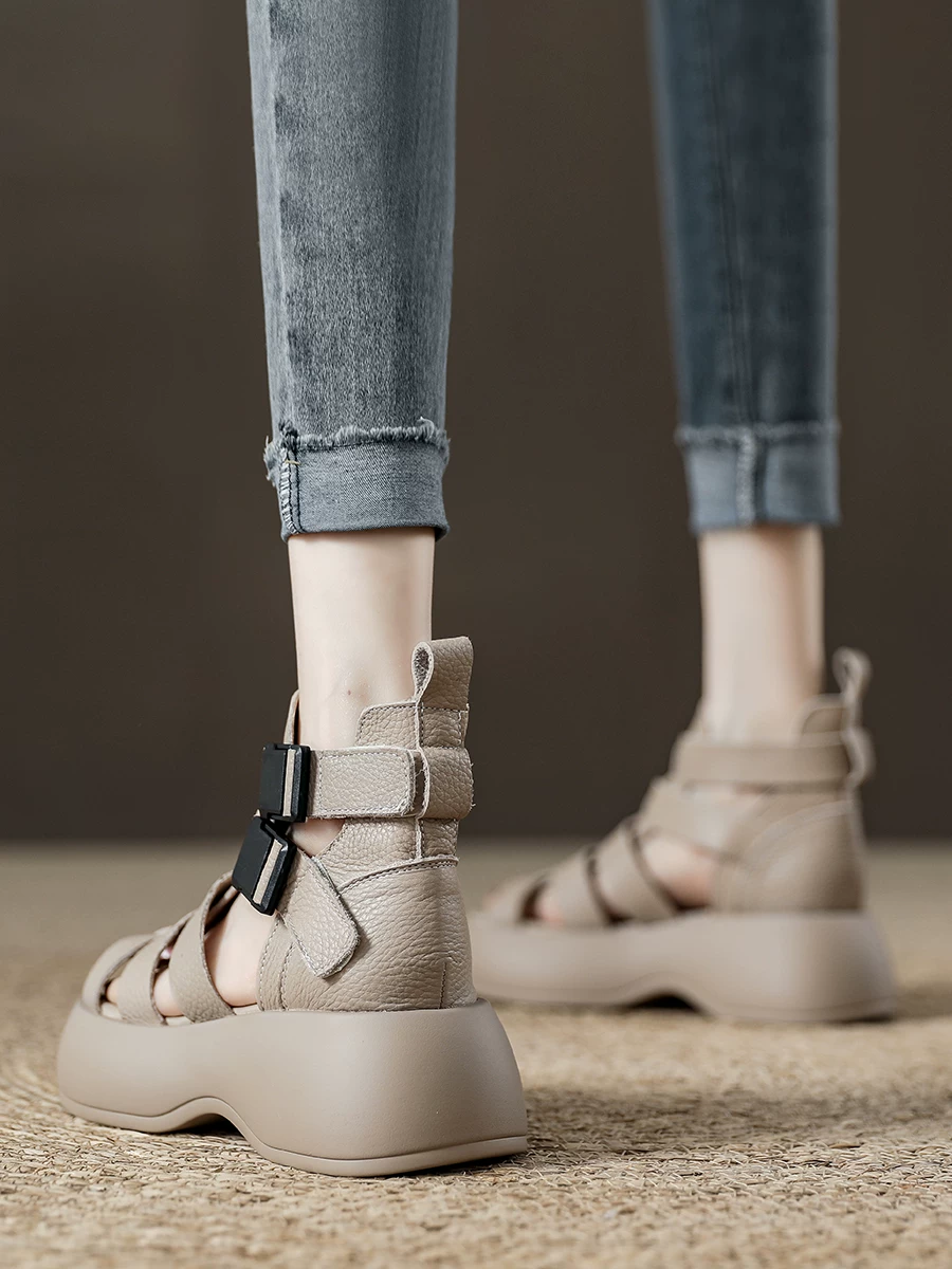Giày sandal cao cổ đế dày dành cho nữ, giày bốt La Mã dệt retro bằng da thật, kiểu mới mùa hè 2026, bốt ngắn thoáng khí khoét lỗ