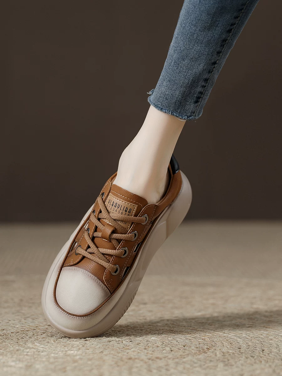 Giày sandal hở mũi khoét lỗ dành cho nữ, giày trắng retro da thật đế dày thoáng khí, giày thể thao đế mềm mùa hè 2026 dành cho nữ.