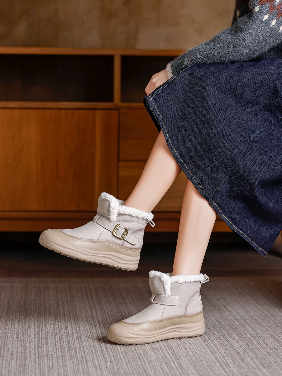 Giày bốt tuyết Birkenstock da bò retro dành cho nữ, đế dày, lót lông cừu, chất liệu cotton dày, kiểu mới mùa đông 2025, bốt ngắn ấm áp lông xù.