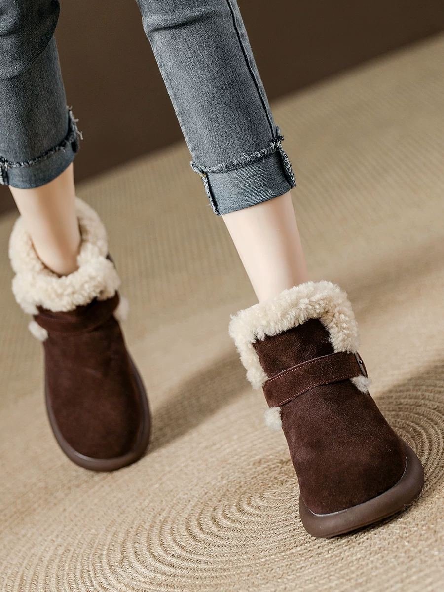 Giày bốt len cừu nữ, kiểu retro da lộn, giày bốt ngắn Birkenstock lót lông cừu, giày bông dày giữ ấm mùa đông 2025 mới.