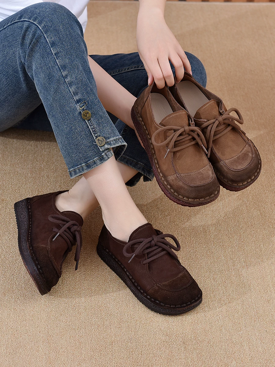 Giày da bò nữ phong cách retro, đế mềm, mặt giày mềm mại, giày cho mẹ, kiểu mới thu 2025, giày bệt da thật thủ công.