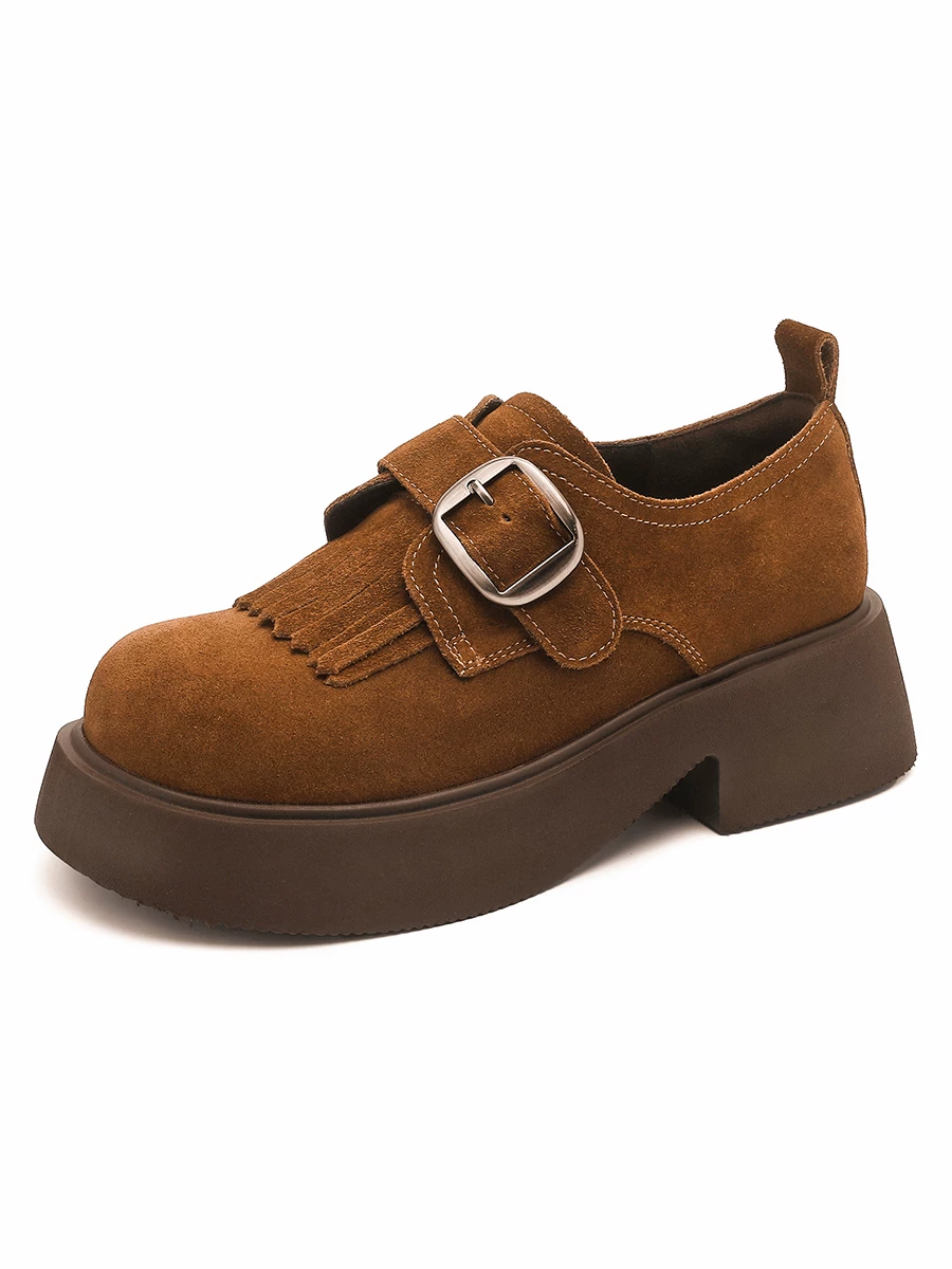 Giày da nữ kiểu Anh, gót dày đế cao, giày lười, giày đơn phong cách retro mới mùa thu 2025, giày Birkenstock da lộn.