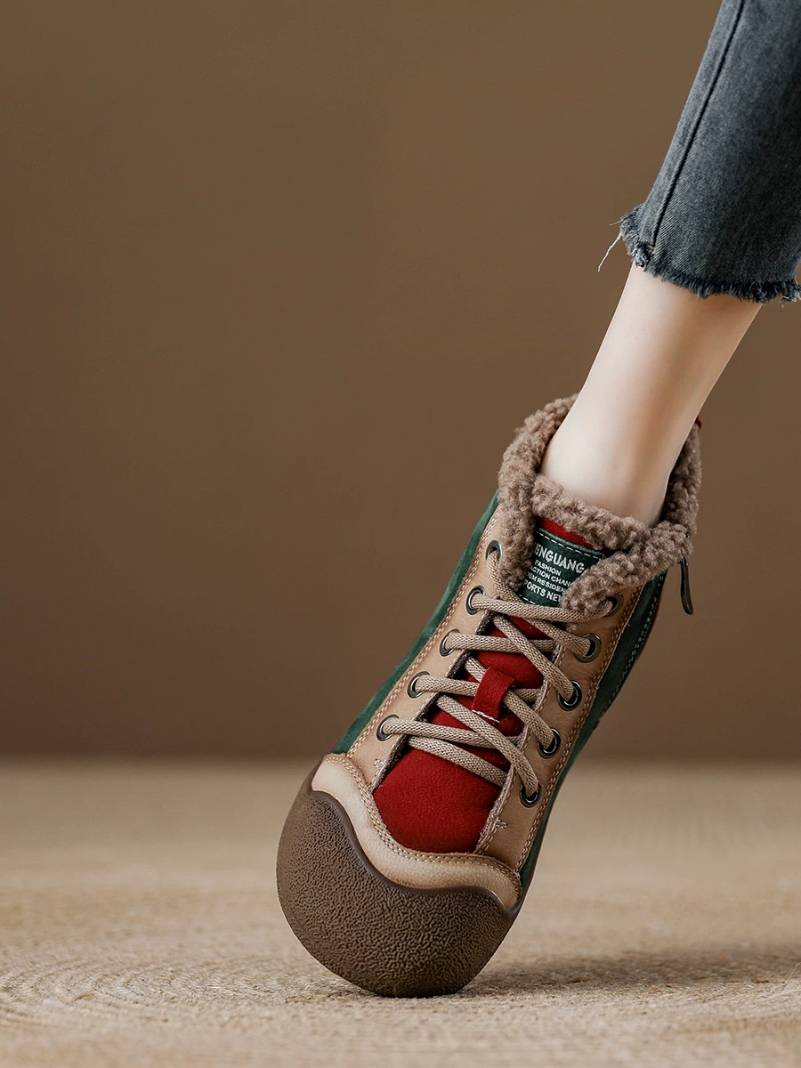Giày bốt nữ cổ cao chất liệu cotton, đế mềm, thoải mái, lót lông cừu, giữ ấm, kiểu dáng mới mùa đông 2025, bốt tuyết da bò phong cách retro, kiểu dáng thường ngày.