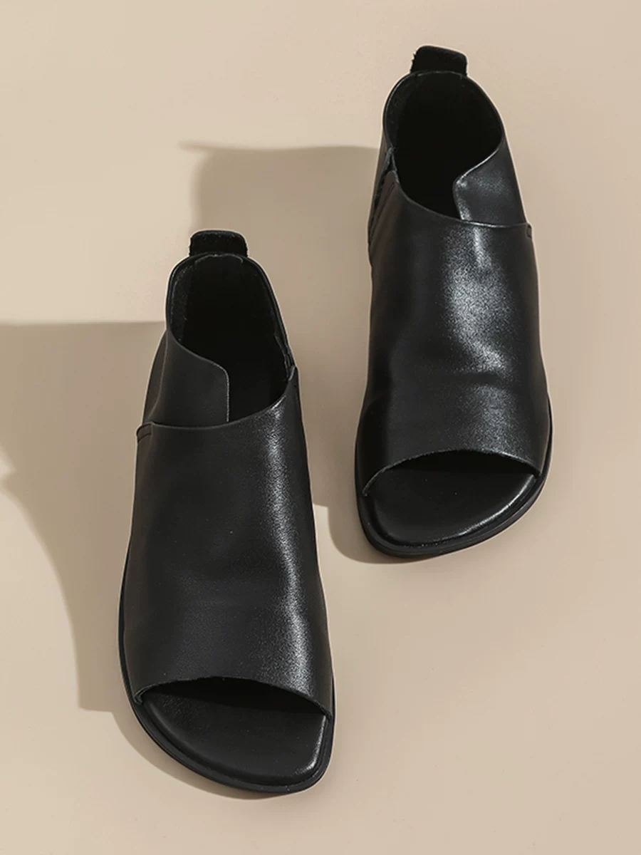 Giày sandal nữ da thật đế mềm hở mũi kiểu miệng cá, mẫu mới hè 2026, giày La Mã da bò retro phong cách giản dị, hở gót khoét lỗ.