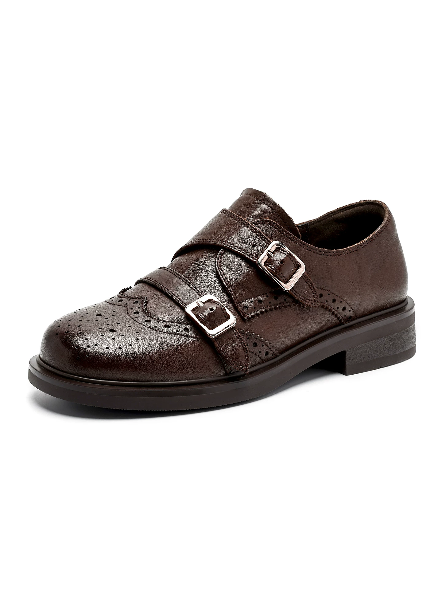Giày da bò kiểu Anh cổ điển chạm khắc, dành cho nữ, mùa xuân 2026, đế dày, có khóa cài.